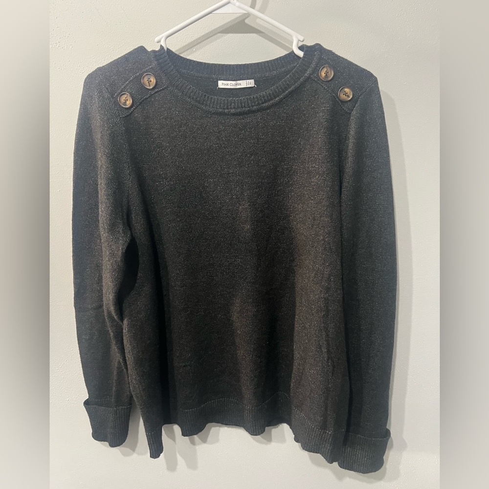 Pink Clover Sweater Womens XL Charcoal,button Shoulder Long Sleeve Crewneck Knit